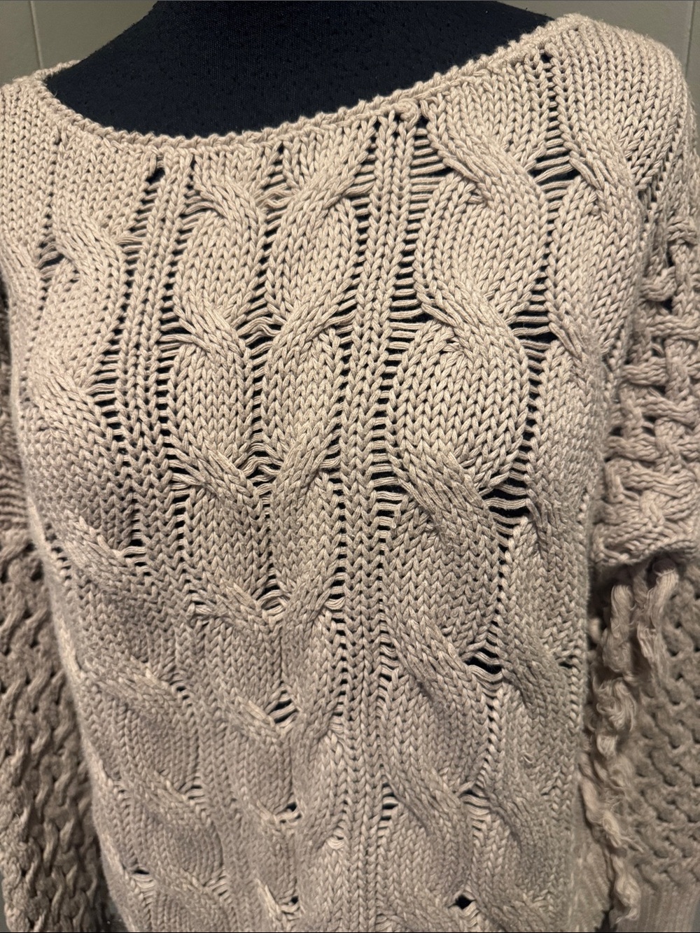 Autumn Cashmere Tan Open-Stitch Cable Knit Sweater. Fringe side seams & underarm - Picture 3 of 5